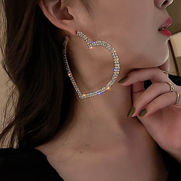 White Gold Plated Oversized Diamond Heart Hoop Earrings - Picture 3 of 14